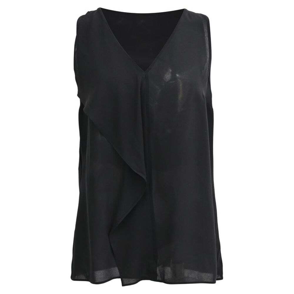 Michael Kors V-Neck Ruffled Sleeveless Blouse in Black Silk